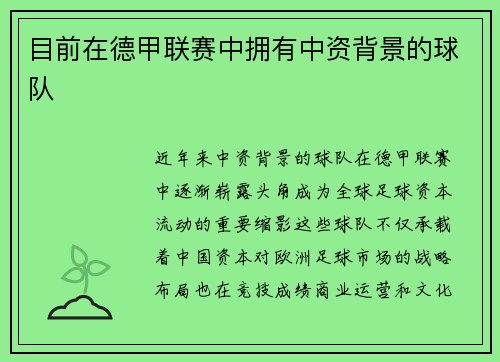 目前在德甲联赛中拥有中资背景的球队